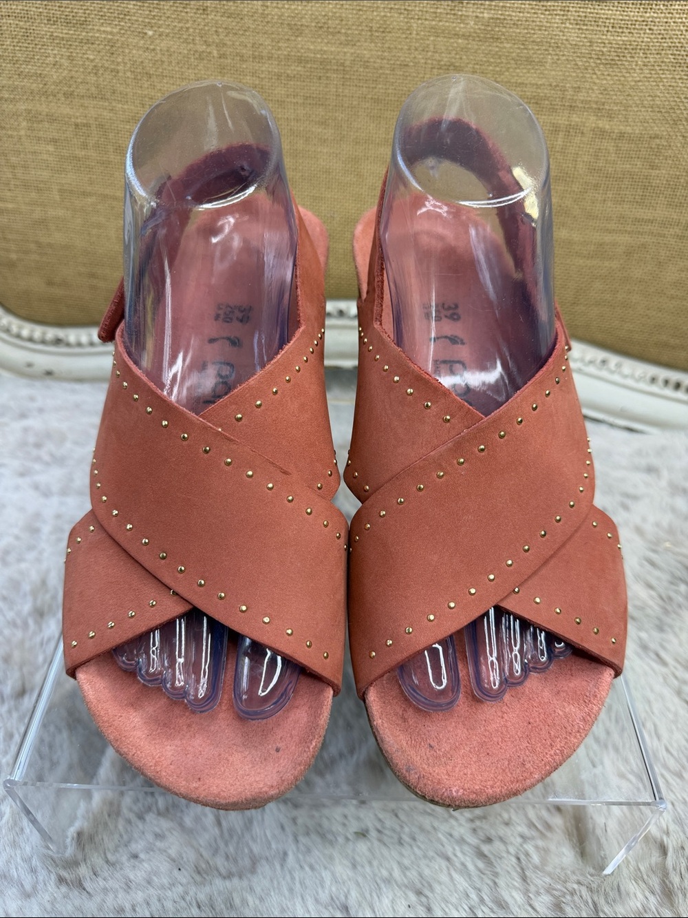 Birkenstock Papillio | Samira wedge sandals coral Crisscross Studded Suede Mules